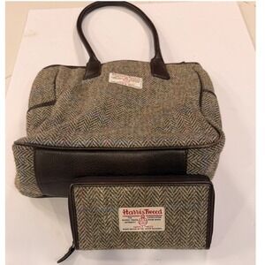 James Pringle Harris Tweed Wool Tote Bag Matching Wallet Leather Scotland